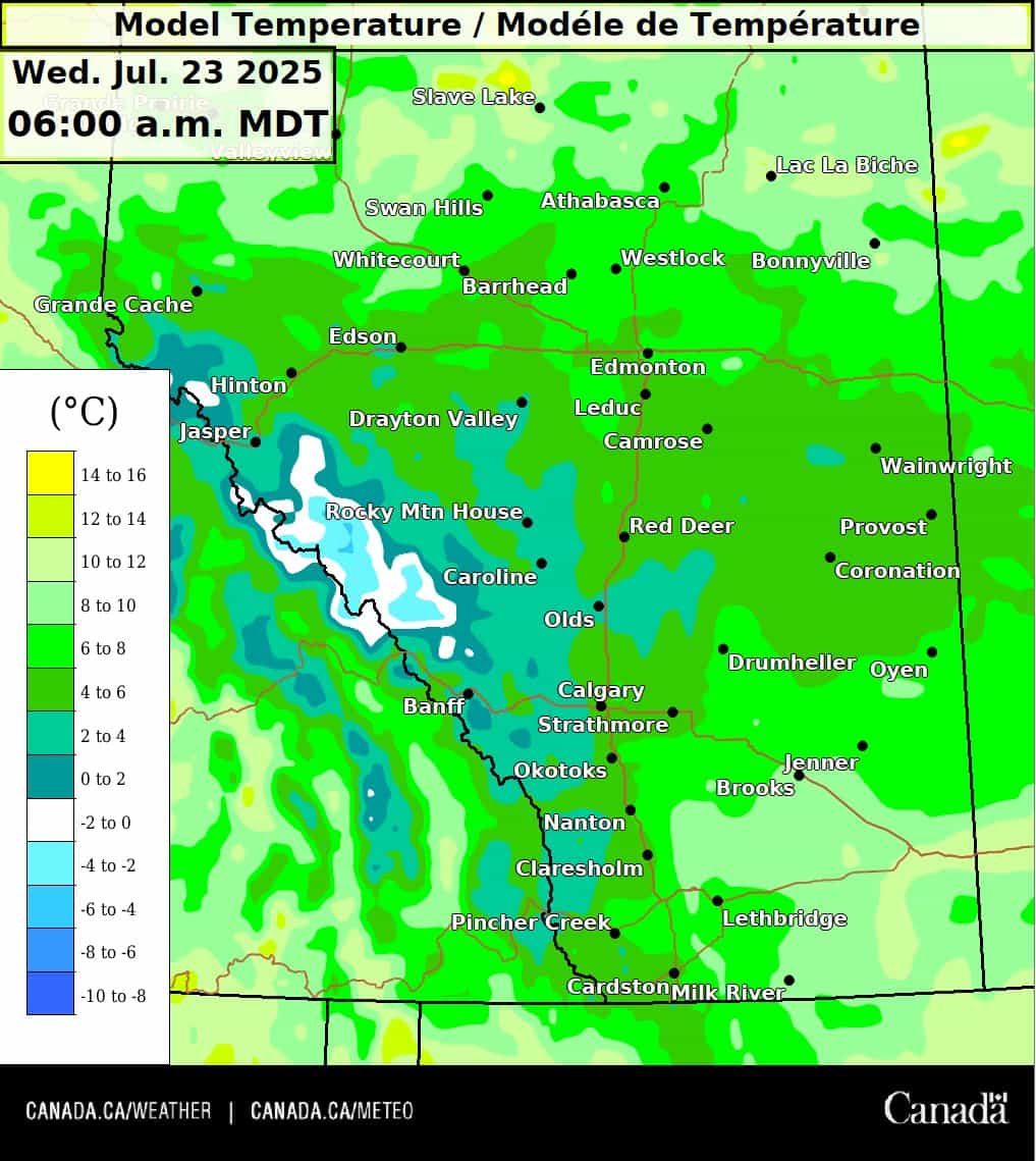 Températures basses le 23 juillet. | Image: ECCC Weather Alberta, Record July Cold en Alberta et Frost Avertissement