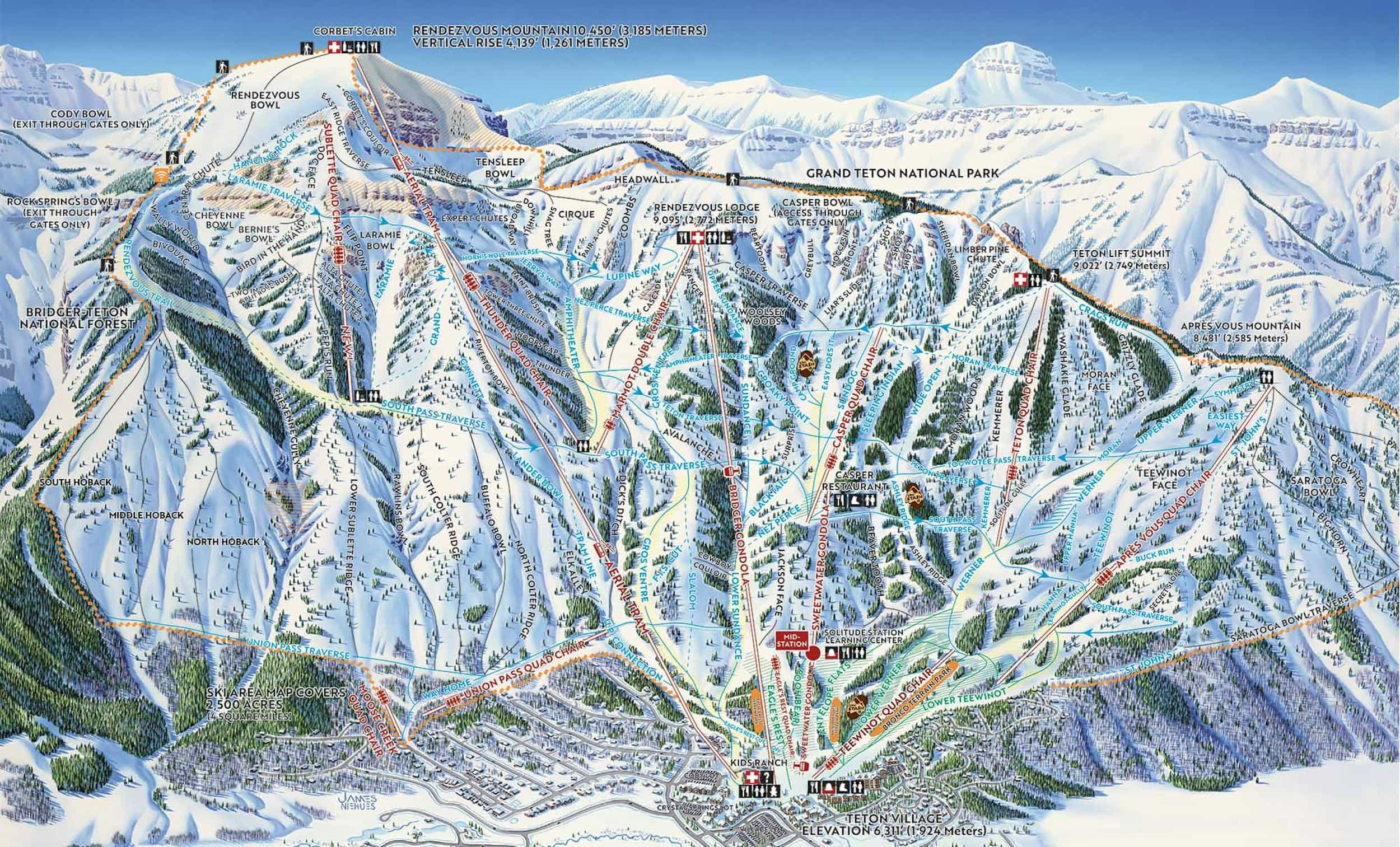 Carte des sentiers de Resort Jackson Hole Mountain.