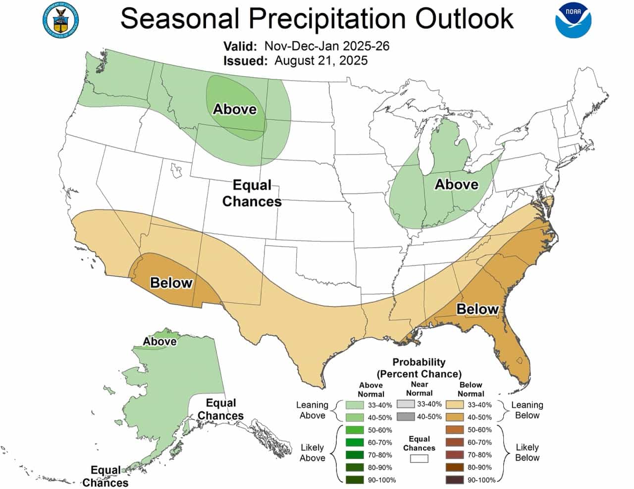 Perspectives de précipitation du NDJ. | Image: NOAA Hiver 2025-26 Prévisions
