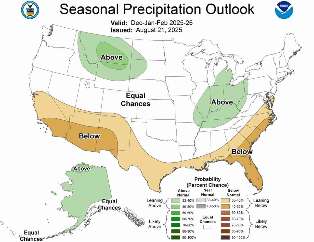 Outlook de précipitation DJF. | Image: NOAA Hiver 2025-26 Prévisions