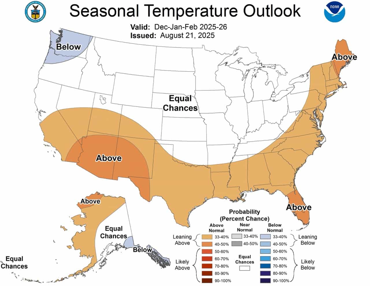 Perspectives de température DJF. | Image: NOAA Hiver 2025-26 Prévisions