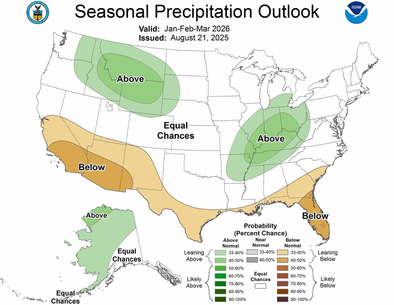 Perspectives de précipitation JFM. | Image: NOAA Hiver 2025-26 Prévisions