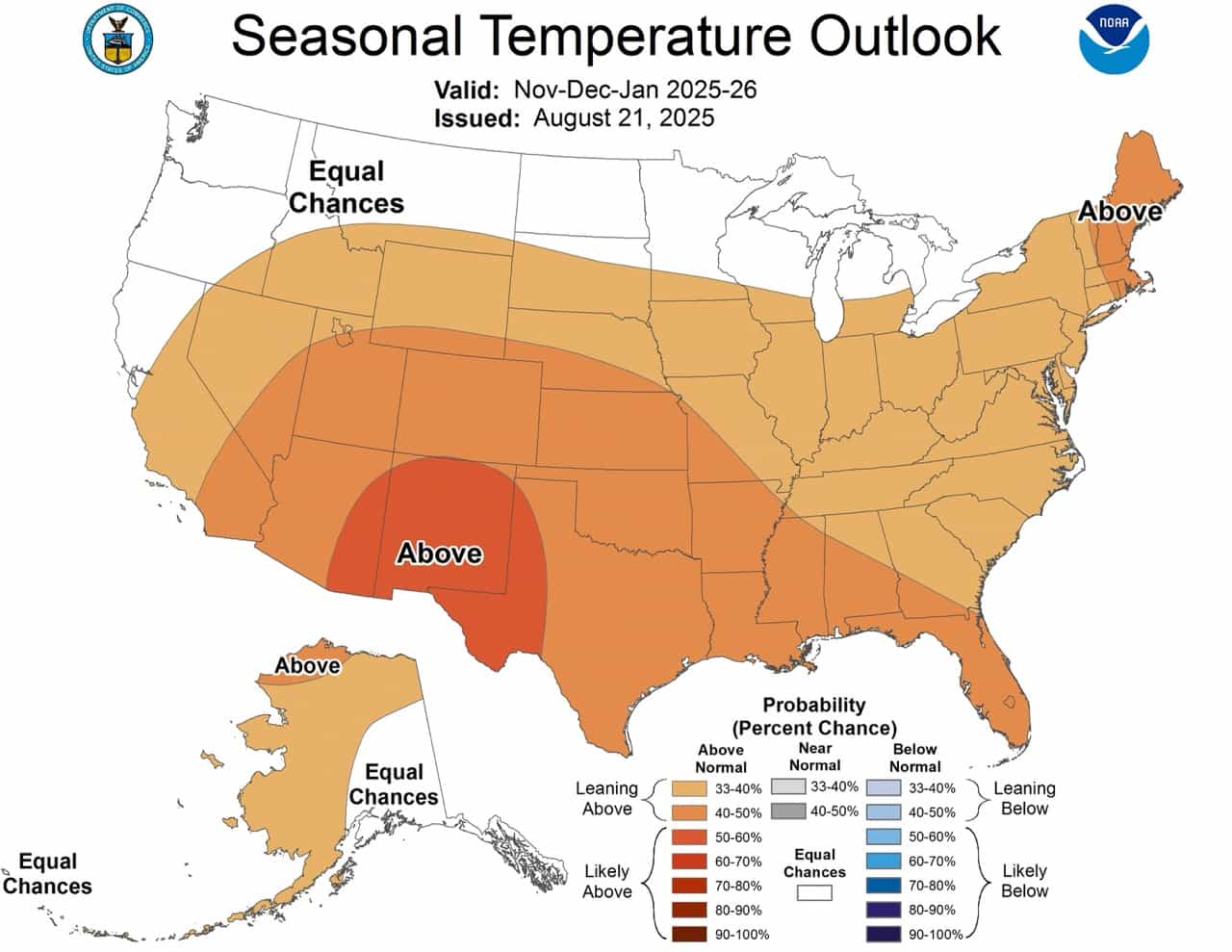 Perspectives de température NDJ. | Image: NOAA Hiver 2025-26 Prévisions