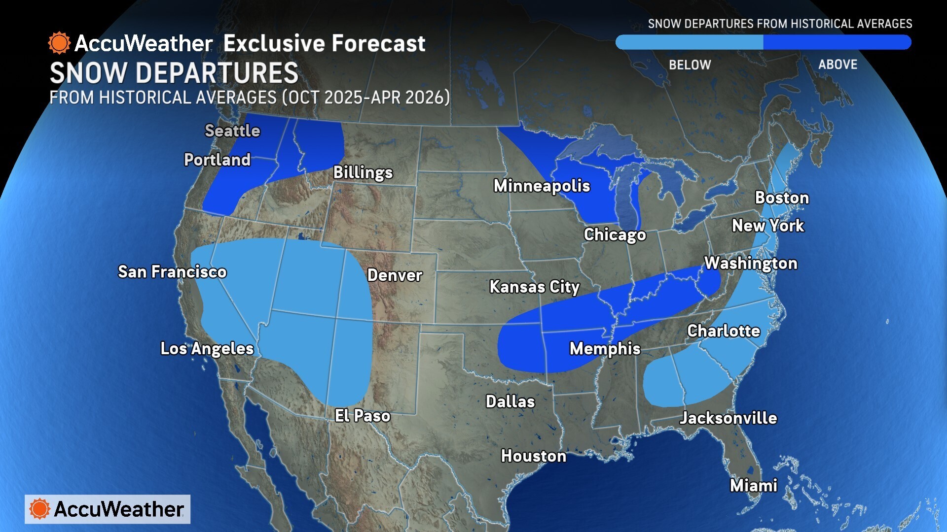 Les écarts de neige de la normale. | Image: Accuweather