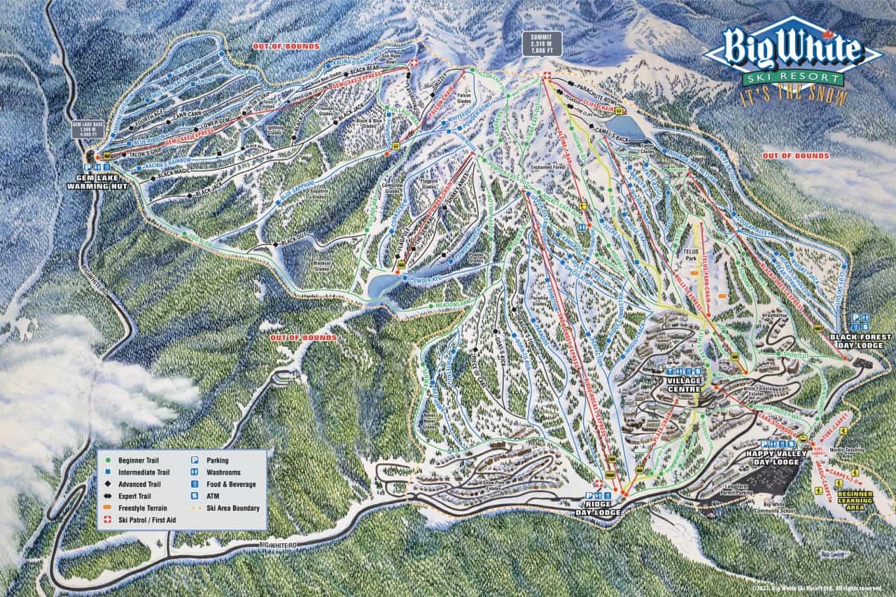 Carte des sentiers du Big White Mountain Resort.