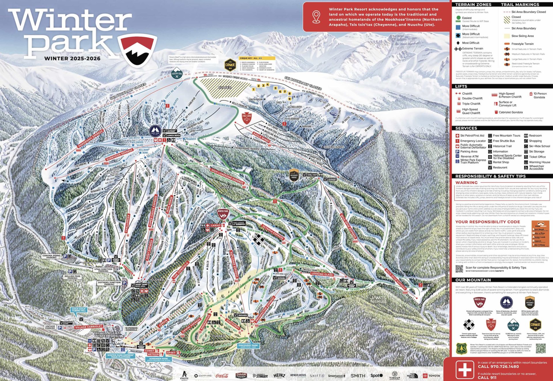 Carte des sentiers de Winter Park Resort 2025-26.