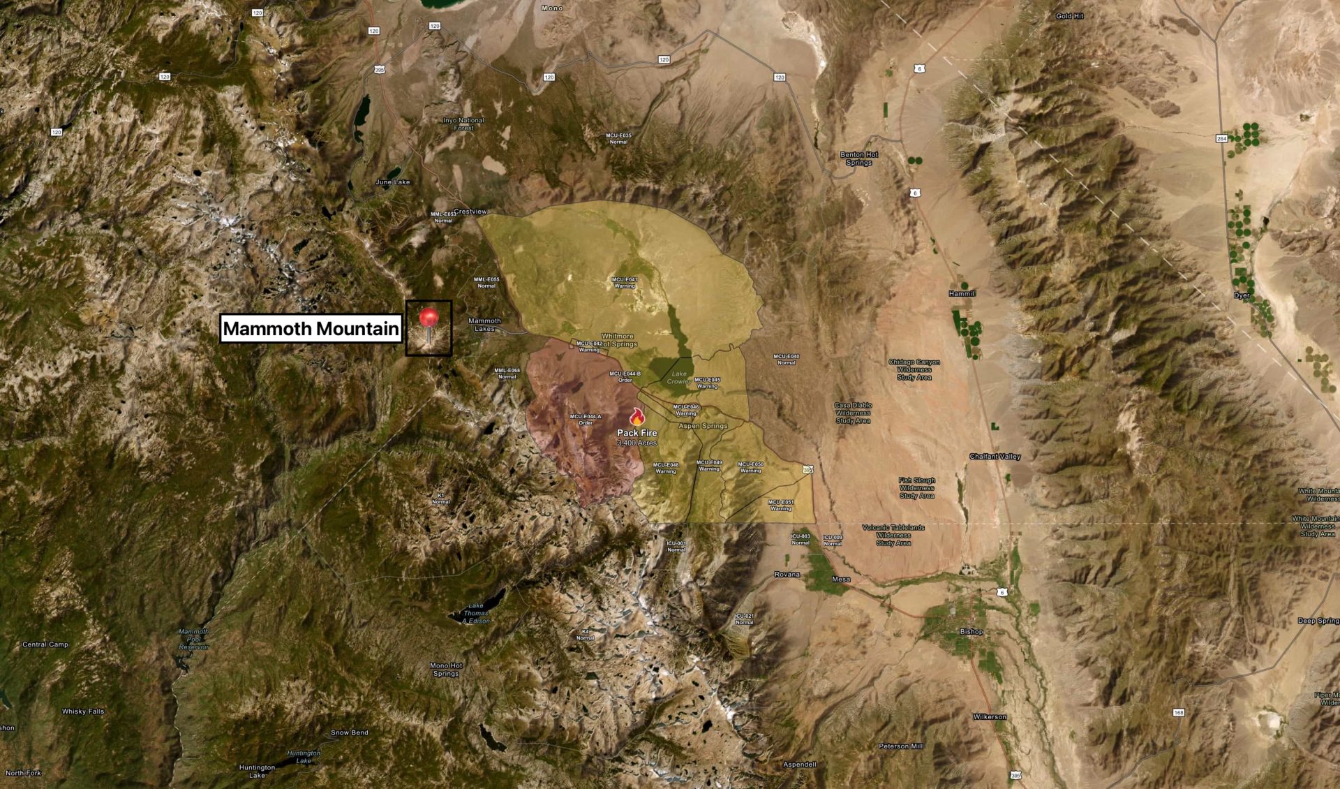 Mammoth Mountain par rapport au Pack Fire. | Image : CalFire avec superposition de SnowBrains