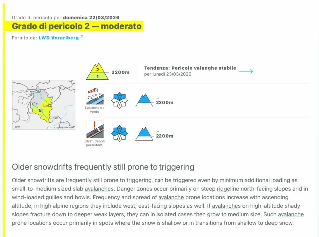 Prévisions d'avalanches pour la journée. | Image : Météo Trentin