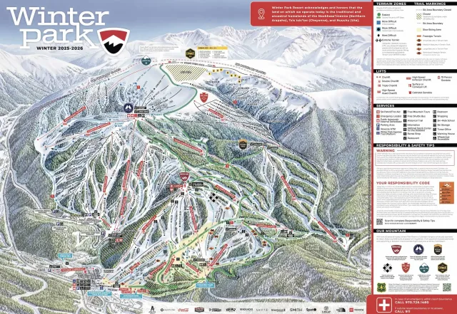 Carte des sentiers de Winter Park Resort 2025-26.