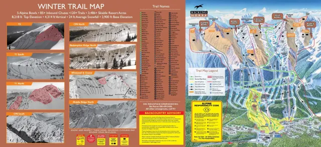 Carte des sentiers d’hiver Kicking Horse 2025-26