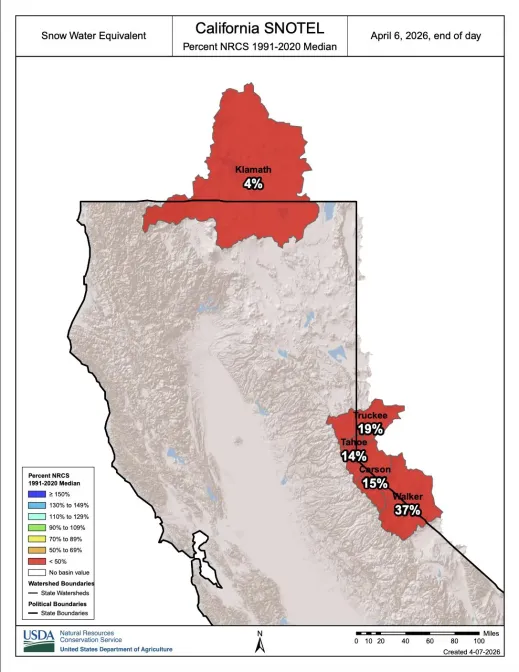 Tableau SWE du manteau neigeux de la Sierra de Californie avril 2026 hiver 2025-26