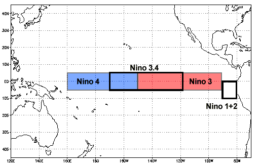 Carte de la région NOAA Niño-3.4 utilisée pour détecter les conditions El Niño