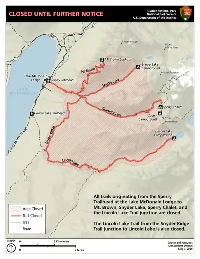 Carte de fermeture du sentier d'attaque d'ours du parc national des Glaciers montrant la zone du sentier du mont Brown et du lac McDonald fermée aux visiteurs