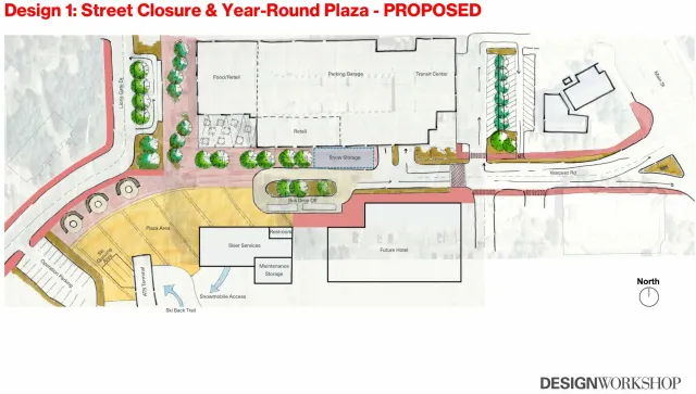 Portail de la télécabine de Winter Park Plan du site proposé pour la conception 1 montrant la fermeture complète du chemin Vasquez, une place piétonne ouverte toute l'année, un arrêt d'autobus et un terminal ATS