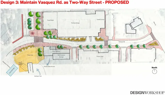 Plan d'implantation proposé pour la conception 3 maintenant le chemin Vasquez comme une rue à double sens avec des trottoirs paysagés, des services aux skieurs et un terminal ATS à l'ouest