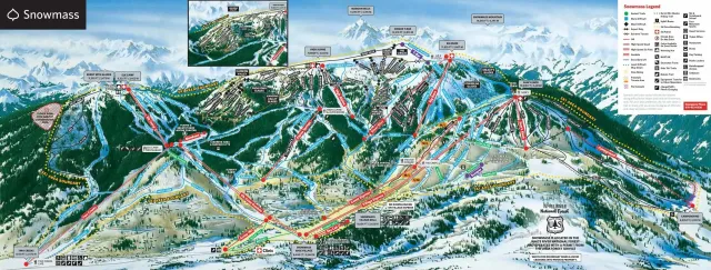 Carte des sentiers du domaine skiable de Snowmass montrant l'emplacement du télésiège d'Alpine Springs