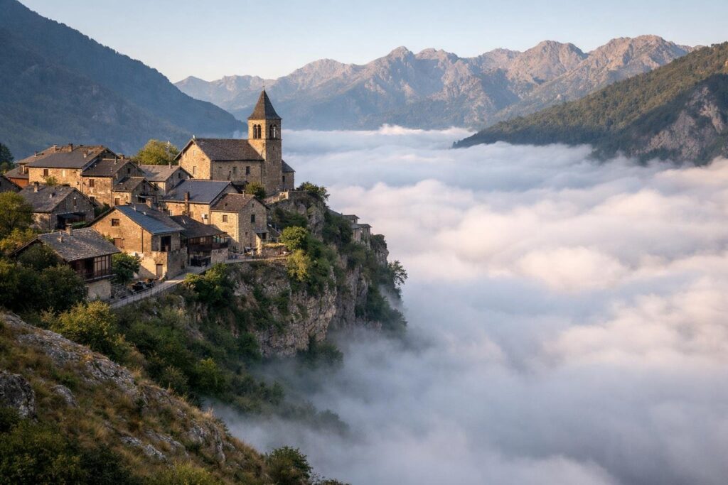 EN IMAGES : ce village suspendu au-dessus des nuages dans les Pyrénées semble sorti dʼun conte