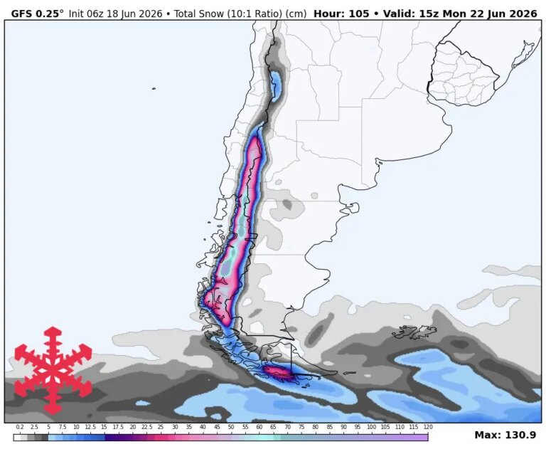 Prévisions SnowBrains : jusqu&rsquo;à 80 cm pour l&rsquo;Amérique du Sud jusqu&rsquo;à lundi