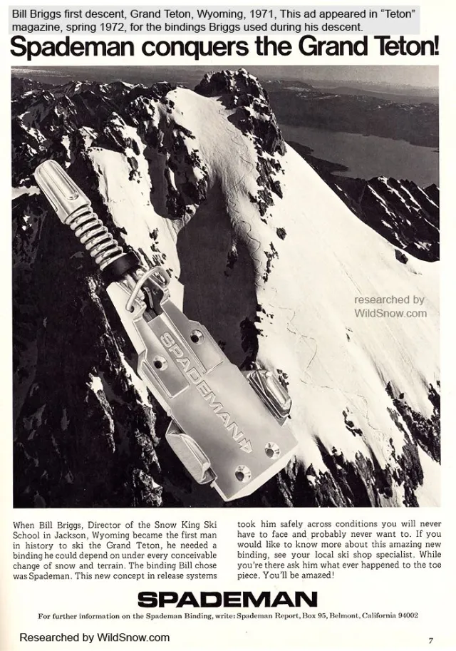 Publicité de fixation de ski vintage présentant l'équipement utilisé par Bill Briggs pour sa descente à ski à Grand Teton en 1971