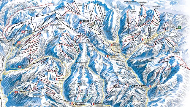 Carte vaste et complexe des pistes des Portes du Soleil, l'une des plus grandes stations de ski au monde s'étendant sur la France et la Suisse