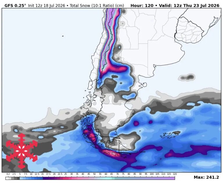 Prévisions SnowBrains : jusqu&rsquo;à 150 cm pour l&rsquo;Amérique du Sud jusqu&rsquo;à jeudi, et d&rsquo;autres tempêtes à venir