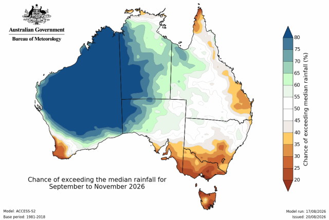 Les prévisions de précipitations du printemps austral (sept. - novembre). Photo : nomenclature australienne