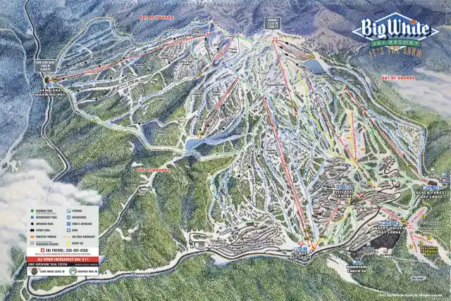 Carte des sentiers de la station de ski Big White 2025.