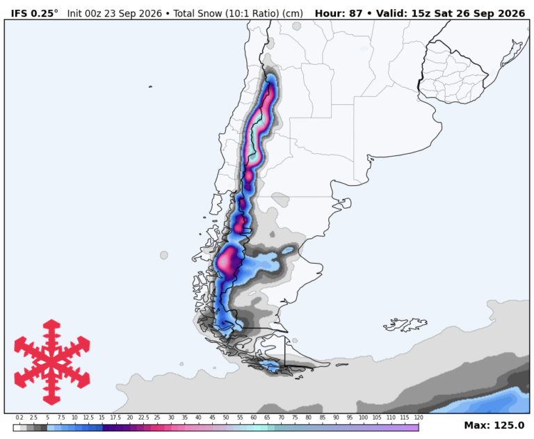 Prévisions SnowBrains : tempête de 40 à 60 cm en milieu de semaine pour l&rsquo;Amérique du Sud