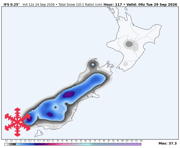 Prévisions SnowBrains : la neige de dimanche favorise Canterbury alors que des vents violents frappent Ruapehu en Nouvelle-Zélande