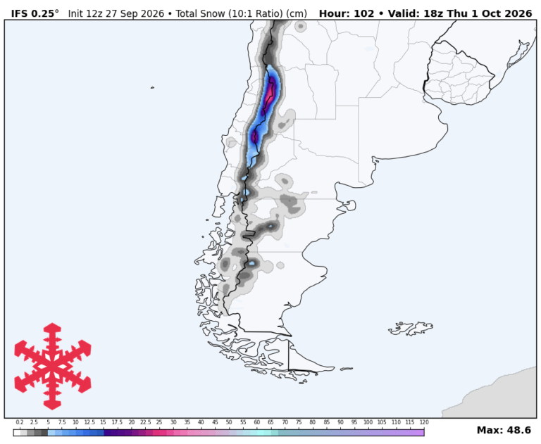 Prévisions SnowBrains : neige dans les Andes en milieu de semaine, signal de week-end plus fort en Amérique du Sud