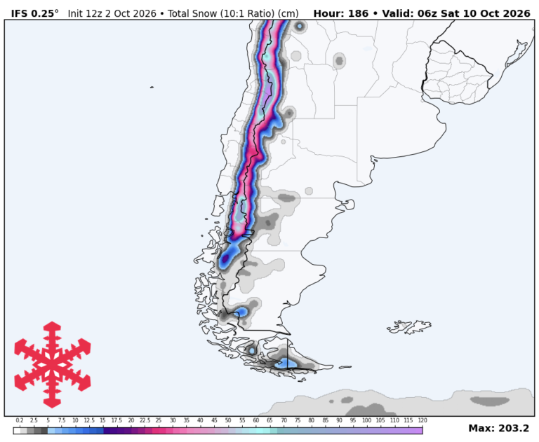 Prévisions SnowBrains : neige du week-end et rechargement plus important des Andes centrales pour l&rsquo;Amérique du Sud