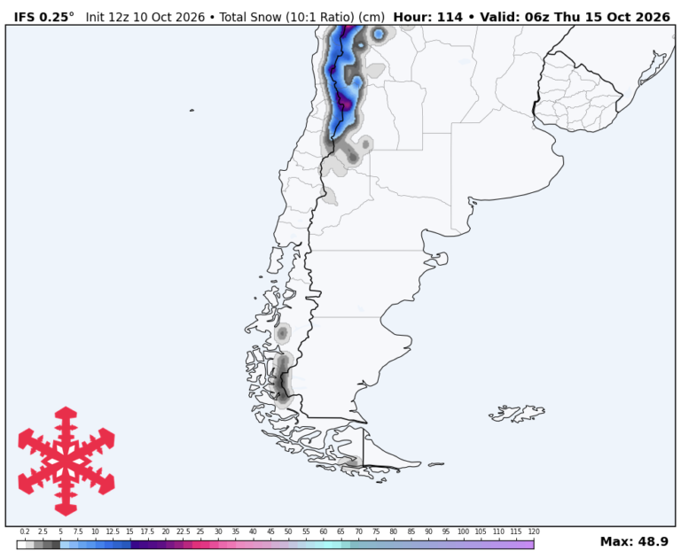 Prévisions SnowBrains : 20-30 cm de recharge dans les Andes centrales pour l&rsquo;Amérique du Sud