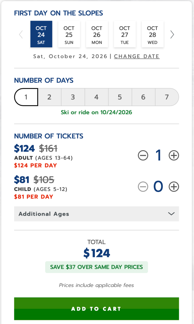 Le jour d'ouverture de Keystone n'est pas encore annoncé, mais la page des billets de remontée répertorie les billets adultes du 24 octobre à 124 $.
